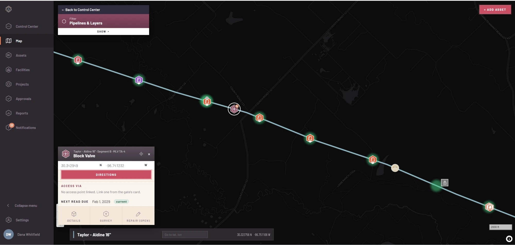 Anodera's map: a pipeline with its test stations colored by compliance, and a block valve's card open with directions and its next read date