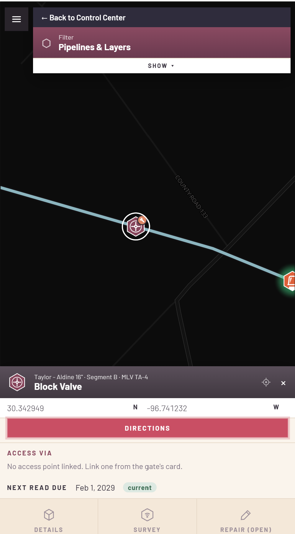 Anodera on a phone: the map with a block valve selected and its card at the bottom