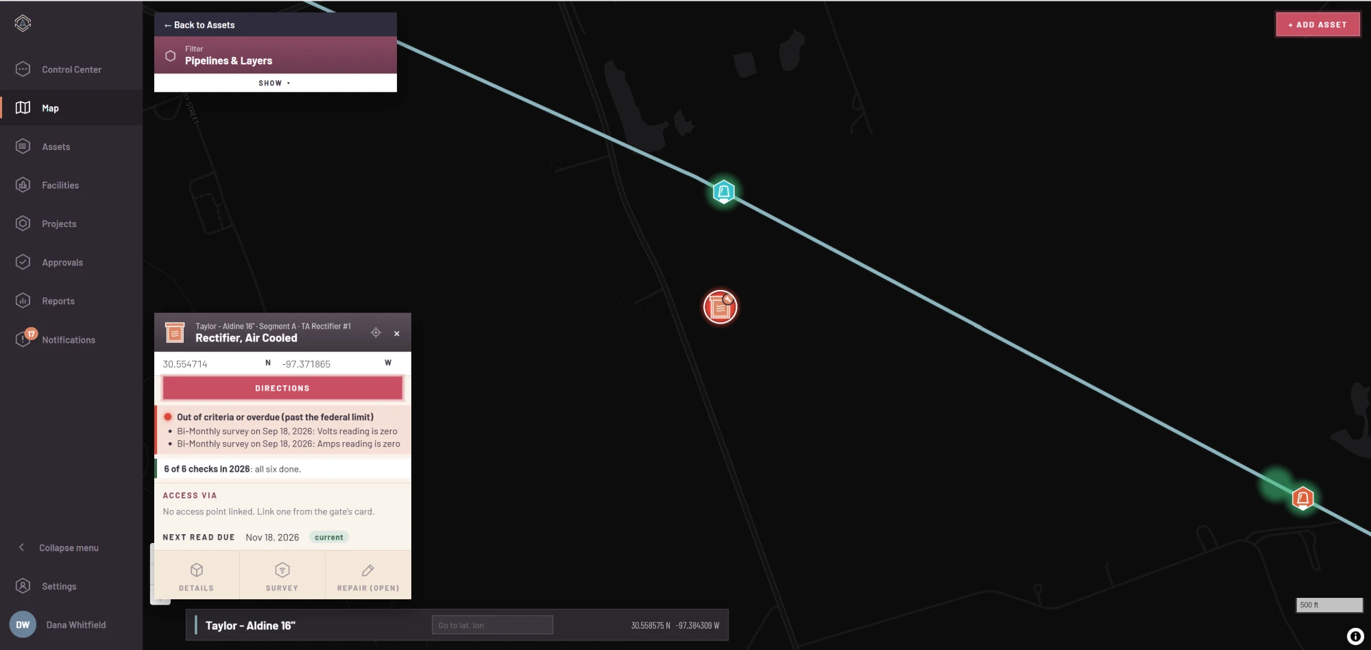 A rectifier on the map flagged out of criteria, with the readings that failed and its six checks this year
